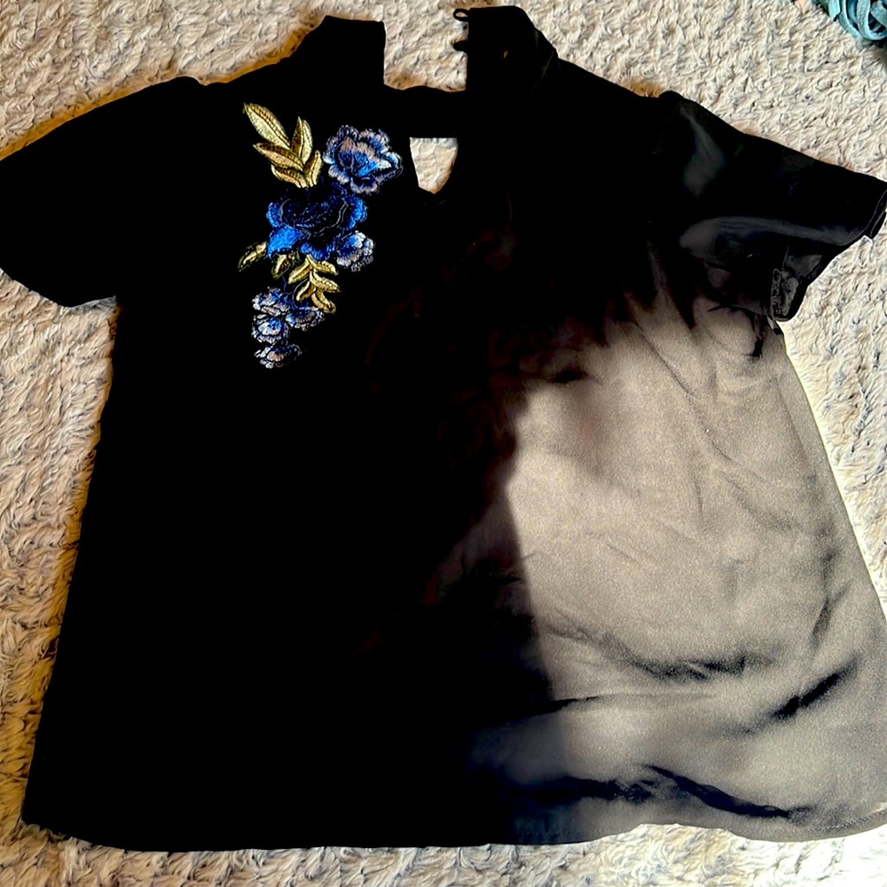 Black dress top with blue roses